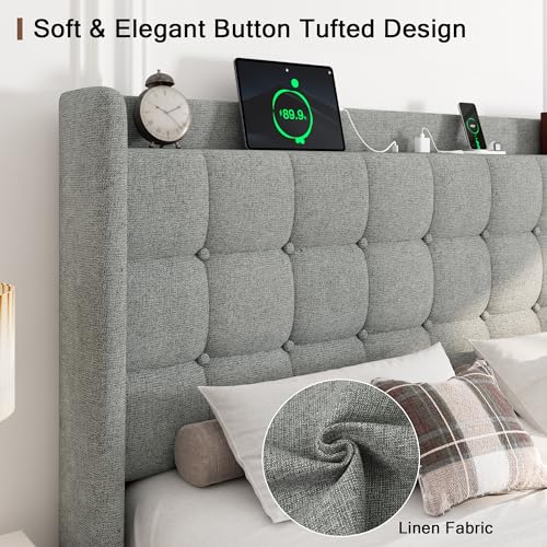 Queen Bed Frame, Upholstered Platform Bed with Charging Station, Modern Wingback Storage Headboard, Solid Wood Slats Support, No Box Spring Needed, Dark Gray - Image 18