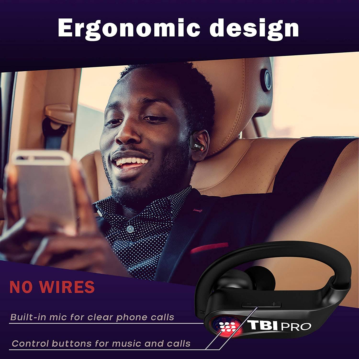 TBI Pro PowerPro5989 Wireless Bluetooth Earbud Headphones with Mic, Black - Image 6