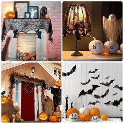 Alternative view of Halloween Decorations Sets,Fireplace Mantel Scarf,Round Spider Table Cover,Lace Table Runner and Cobweb Lampshade,80 Pcs 3D Bat for Party Decors