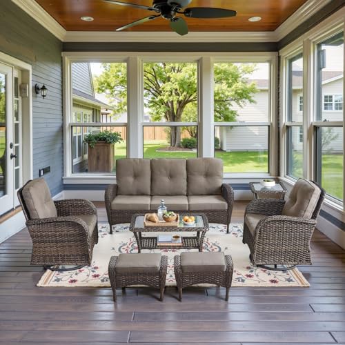 Patio Wicker Chairs Swivel Rocker – Outdoor Swivel Rocking Chairs Set of 2 with Rattan Side Table, Patio Swivel Glider Chair 3 Piece Patio Furniture Sets for Deck Porch Pool Brown/Blue - Image 188