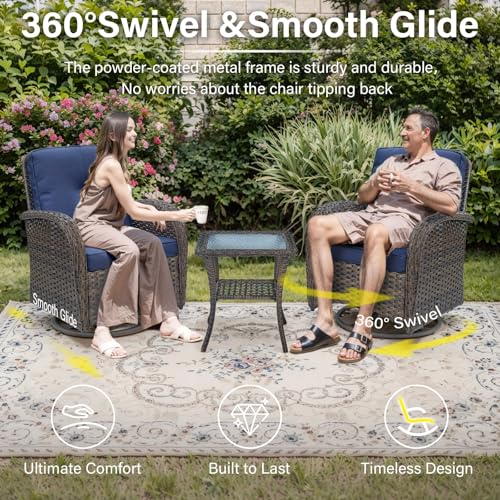Patio Wicker Chairs Swivel Rocker – Outdoor Swivel Rocking Chairs Set of 2 with Rattan Side Table, Patio Swivel Glider Chair 3 Piece Patio Furniture Sets for Deck Porch Pool Brown/Blue - Image 175