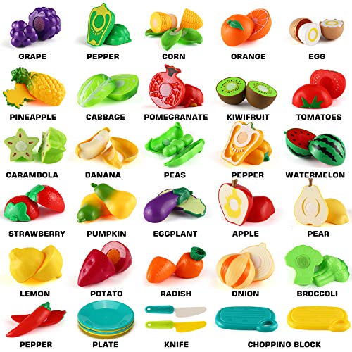 70 PCS Cutting Play Food Toy for Kids Kitchen, Pretend Fruit &Vegetables Accessories with Shopping Storage Basket, Plastic Mini Dishes and Knife, Educational Toy for Toddler Children Birthday Gift - Image 2
